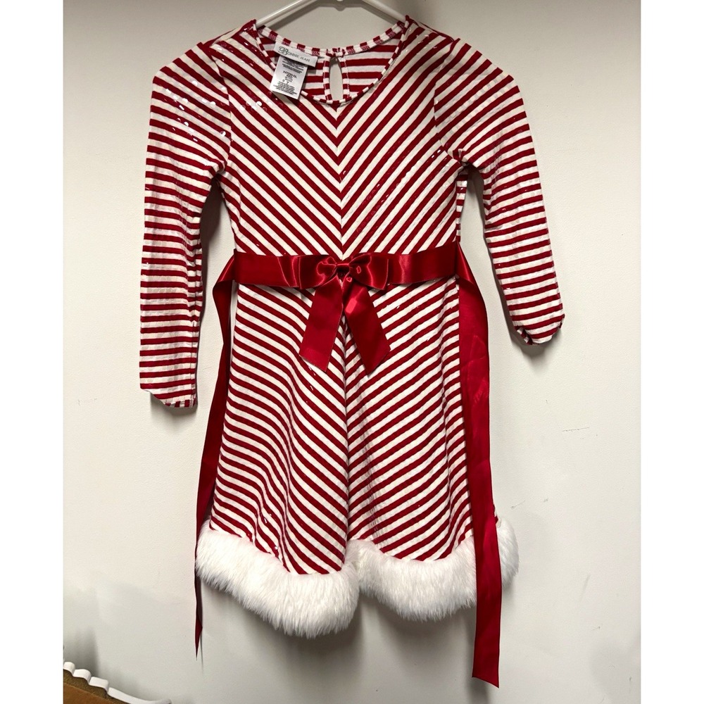 Bonnie Jean Girls Red White Striped Holiday Fit Flare Faux Fur Bow Dress 4
